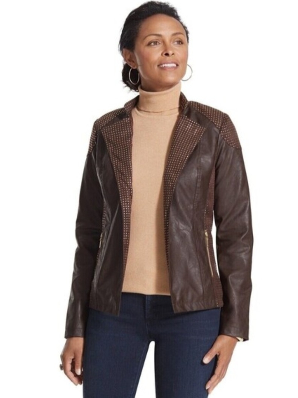 Chico's Dark Brown Studded Faux Leather Moto Jacket
